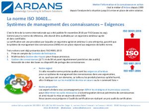 Norme ISO 30401 - Exigences des systmes de management des connaissances